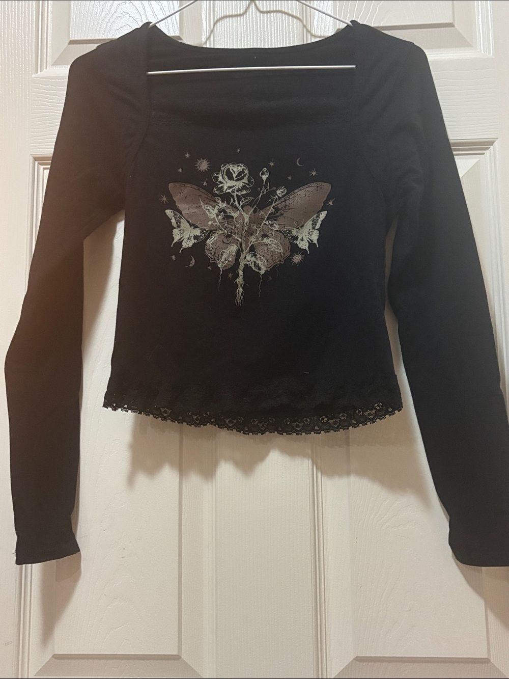 Cosmic Aura Small Black Long Sleeve Floral Butterfly Graphic Top